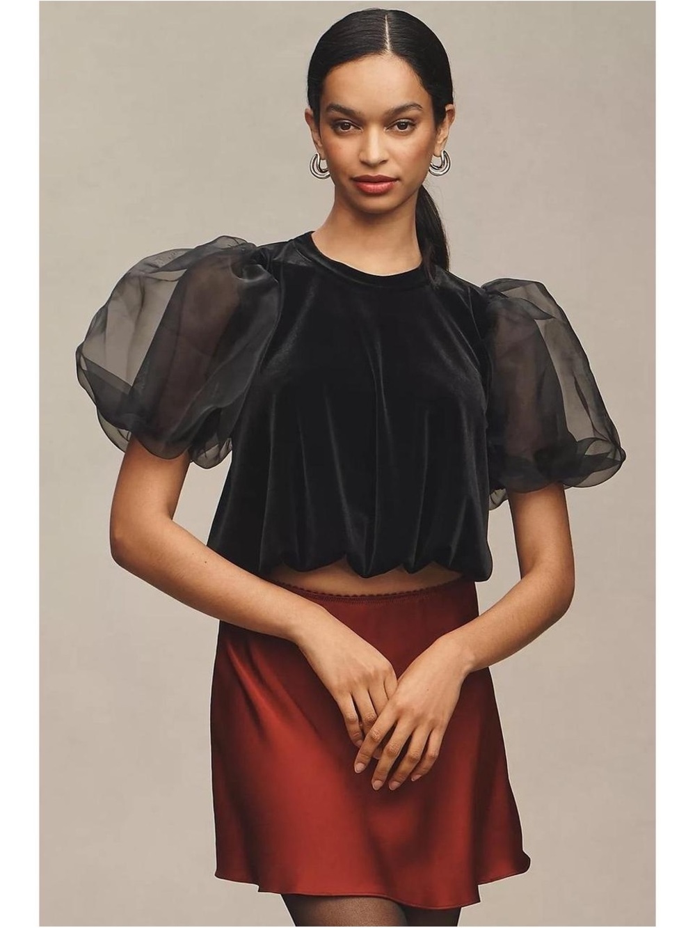 *MAEVE* Black Velvet Puff-Sleeve Crop Top Blouse Size Medium